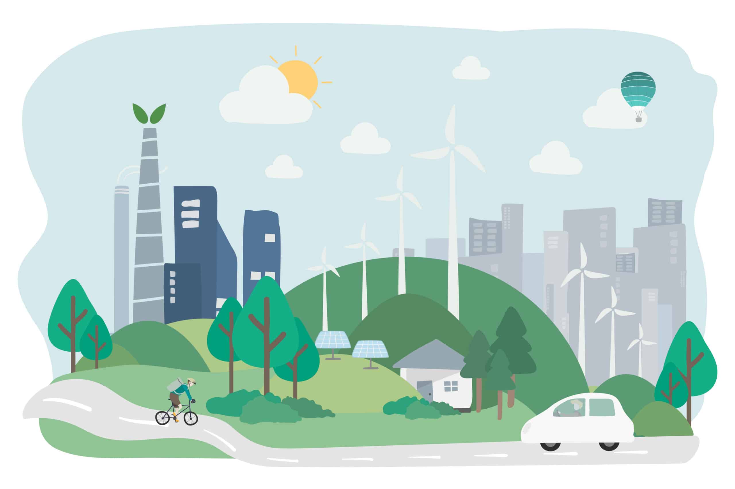 Picture of a green city with windmills, biking, and electric cars