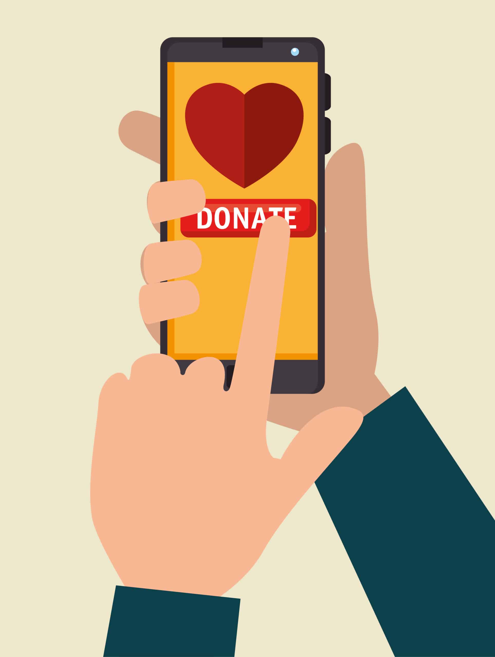 Hands holding smart phone ready to push "donate" button