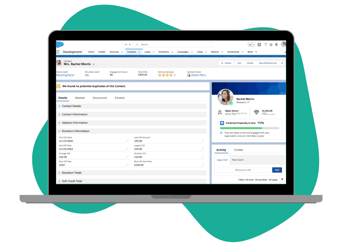 Laptop open with screenshot of major donor record in Salesforce org