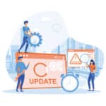 System Update Tiny programmers upgrading operating system flat vector modern illustration