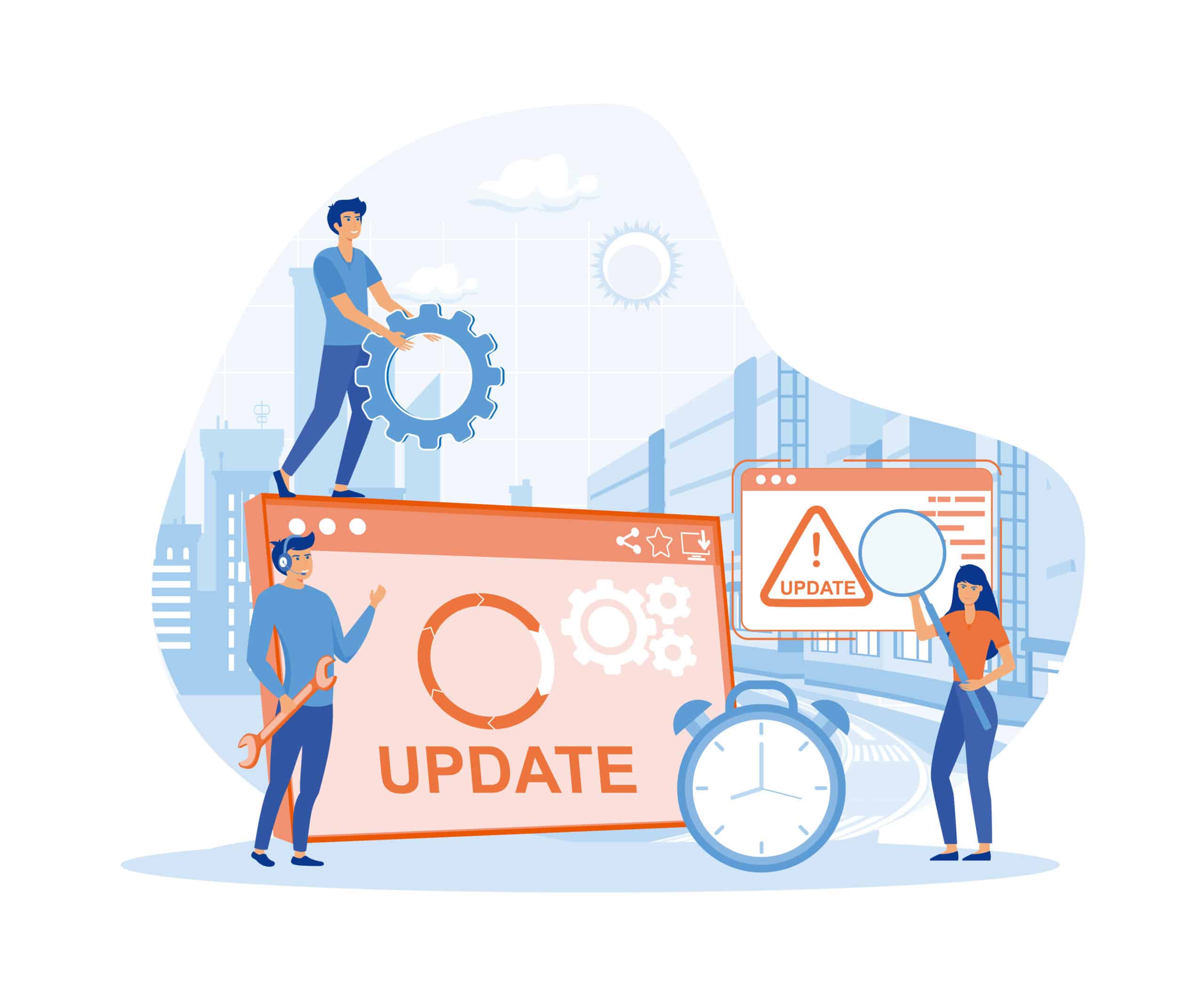 System Update Tiny programmers upgrading operating system flat vector modern illustration