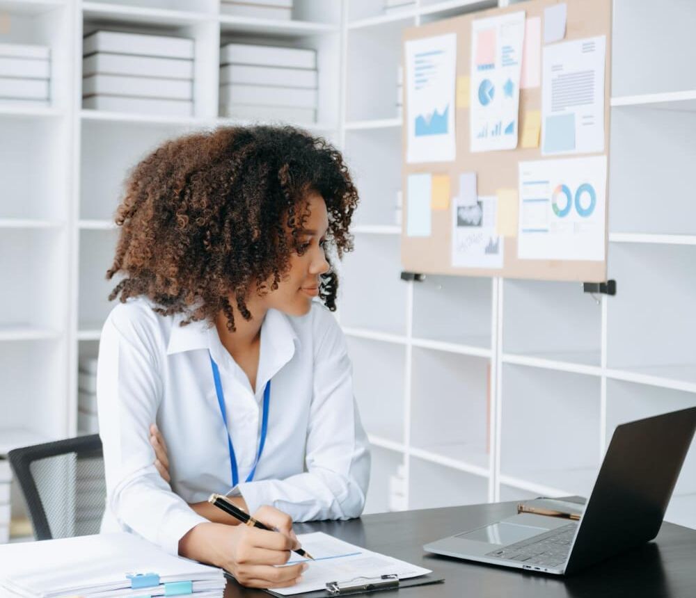 woman working on research